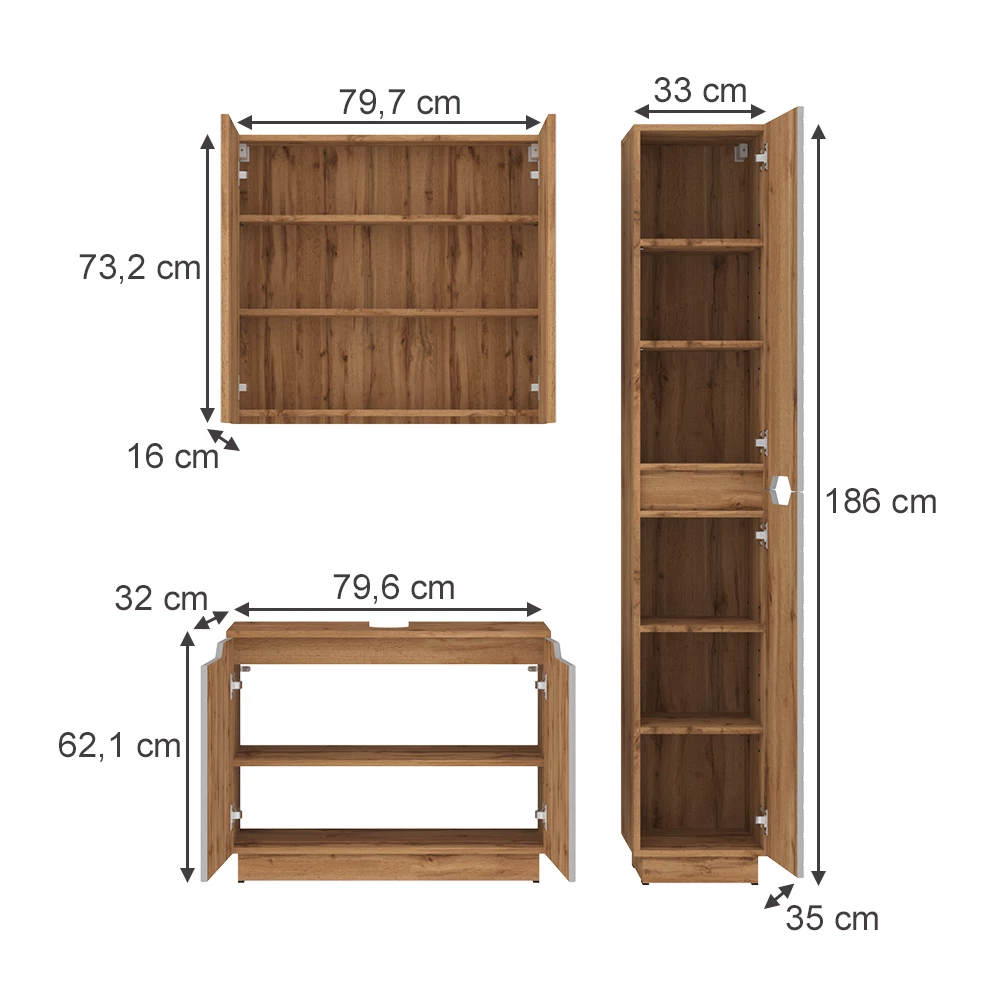 Badkamermeubelset in Eiken/grijs gestreept on white background with visible dimensions