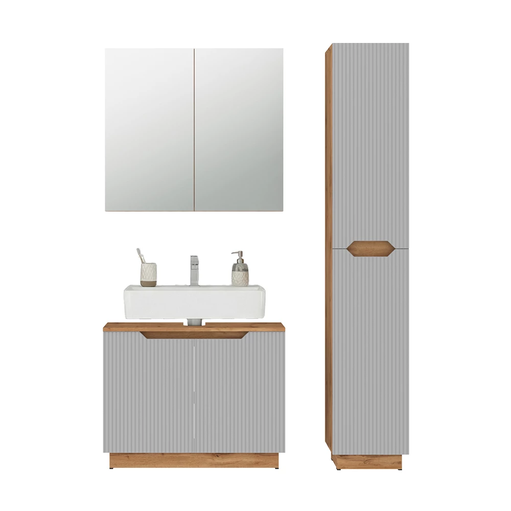 Badkamermeubelset in Eiken/grijs gestreept on white background with decorative elements