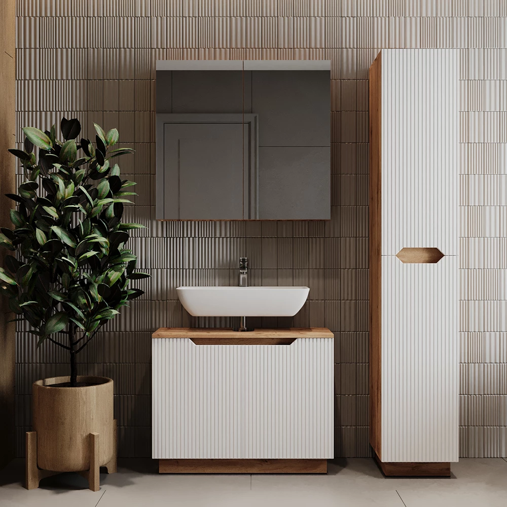 Badkamermeubelset in Eiken/wit gestreept shown in ambient setting with decoration