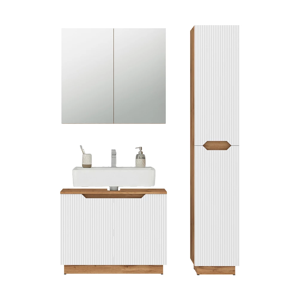Badkamermeubelset in Eiken/wit gestreept on white background with decorative elements