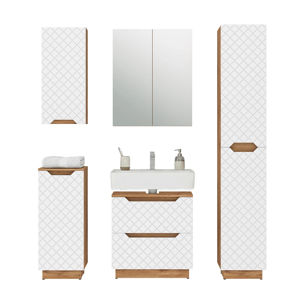 Badkamermeubelset in Wit on white background with decorative elements