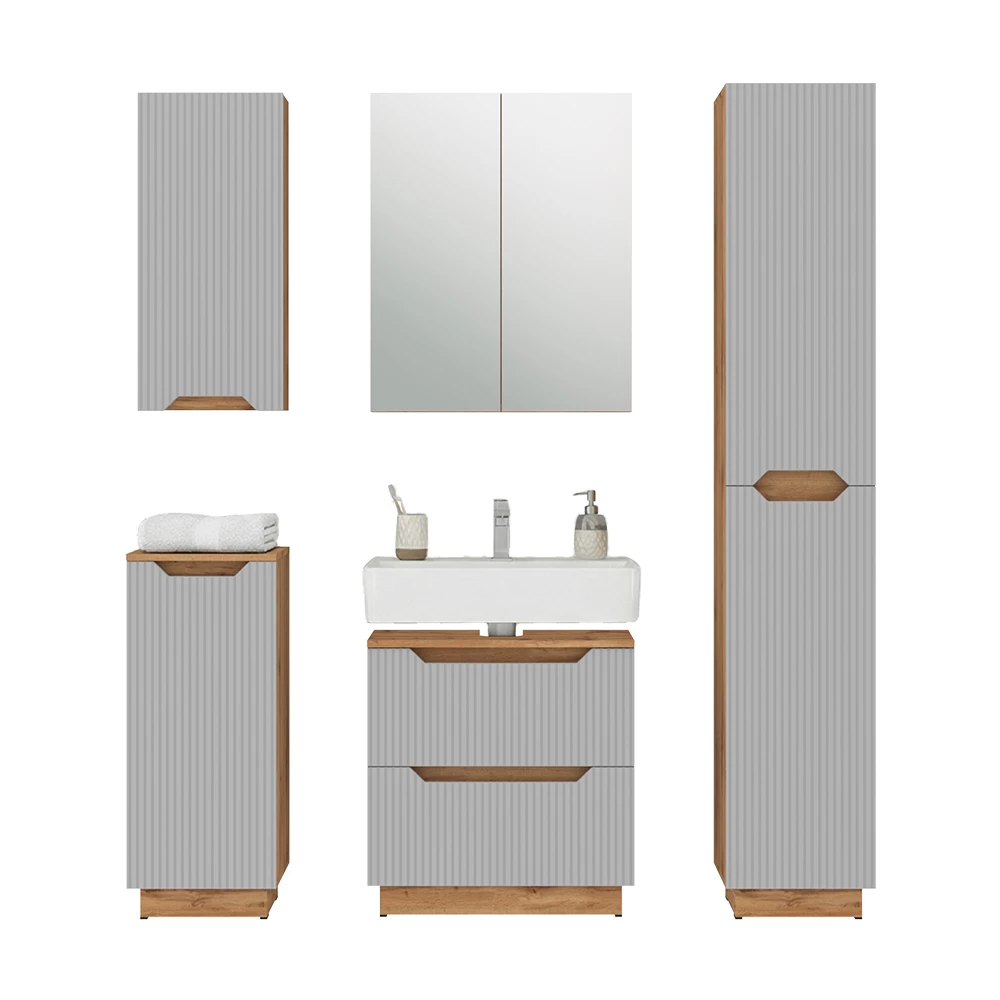 Badkamermeubelset in Grijs on white background with decorative elements