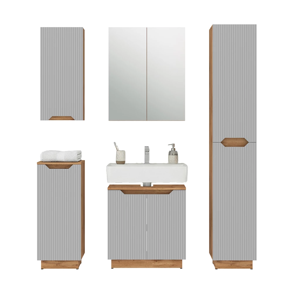 Badkamermeubelset in Grijs on white background with decorative elements