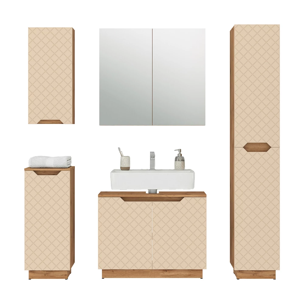 Badkamermeubelset in Kasjmier on white background with decorative elements