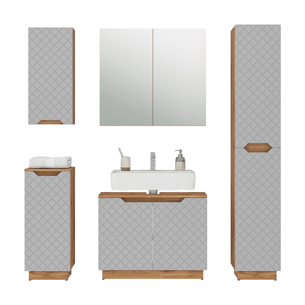 Badkamermeubelset in Grijs on white background with decorative elements