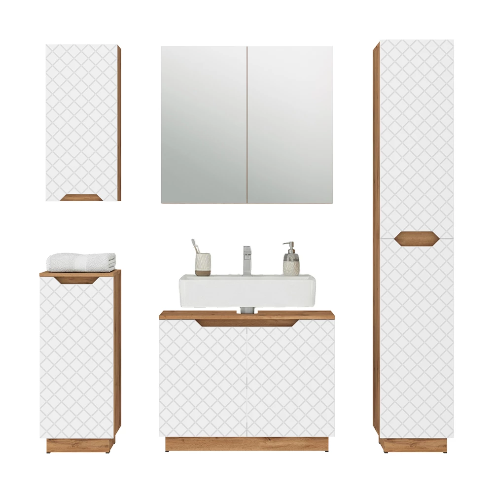Badkamermeubelset in Wit on white background with decorative elements