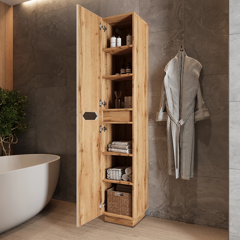 Nahaufnahme von Badschrank in Weiß, zeigt Textur/Details