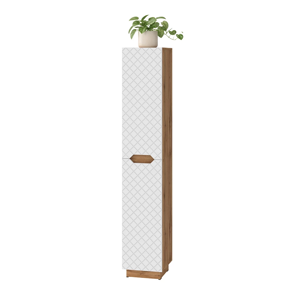 Badschrank in Weiß auf weißem Hintergrund mit dekorativen Elementen