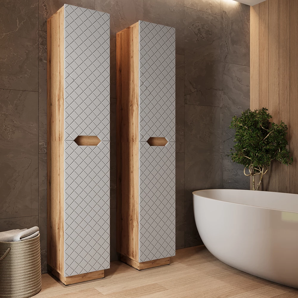 Meuble salle de bain en Gris, présenté dans un décor ambiant avec décoration