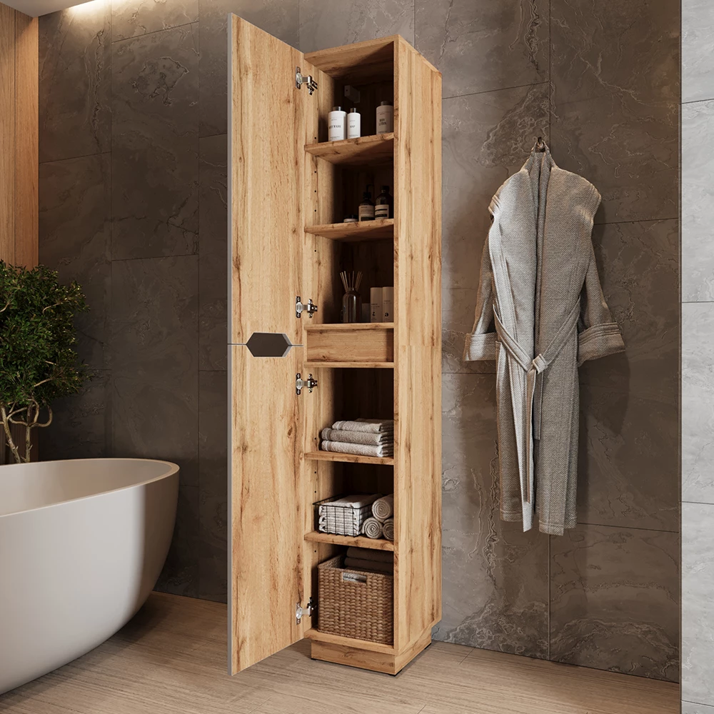 Gros plan de Meuble salle de bain en Gris, montrant la texture/les détails