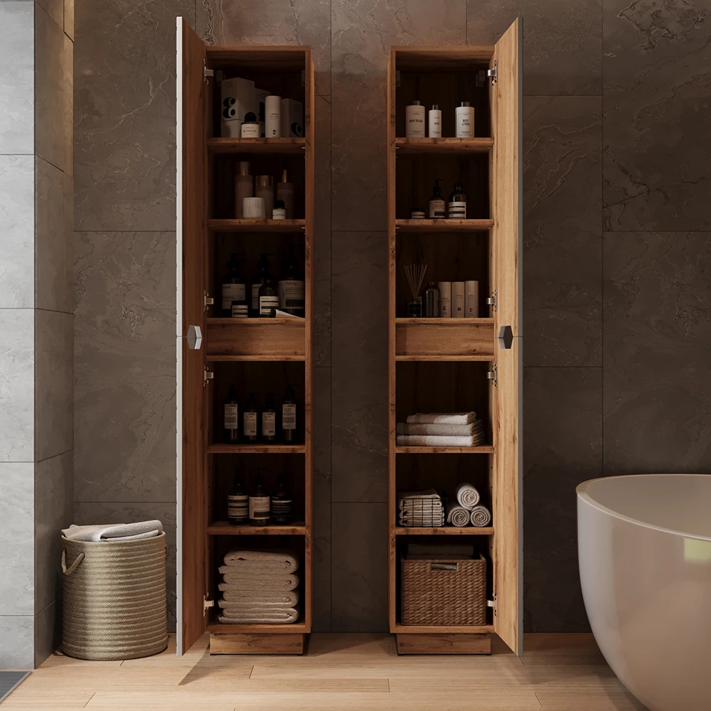 Gros plan de Meuble salle de bain en Gris, montrant le design et les détails de surface