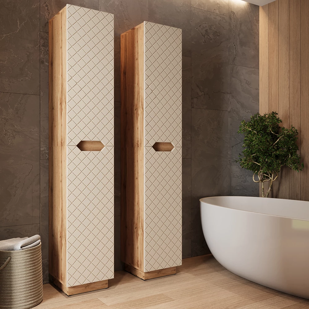 Badschrank in Cashmere, dargestellt im Ambiente mit Dekoration