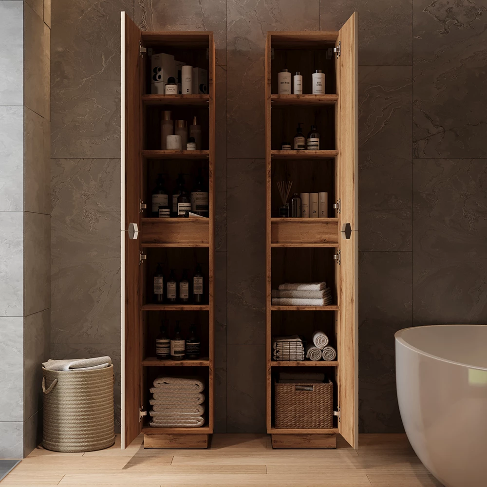 Nahaufnahme von Badschrank in Cashmere, zeigt Design- und Oberflächendetails