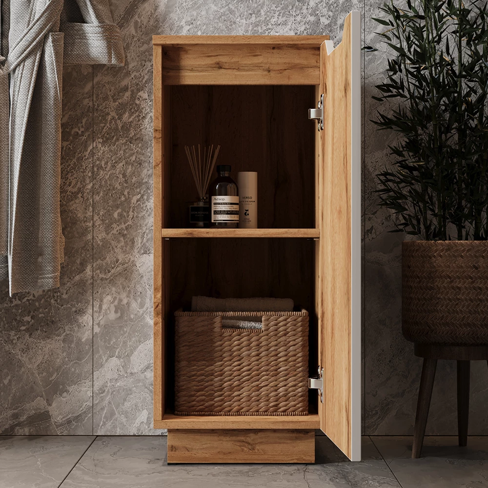 Nahaufnahme von Midischrank in Weiß, zeigt Design- und Oberflächendetails