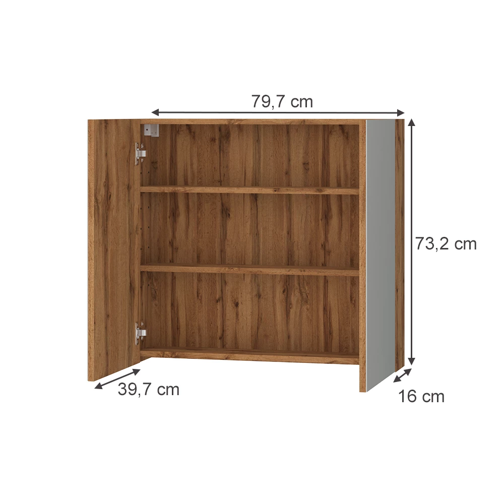Badspiegelschrank in Eiche auf weißem Hintergrund mit sichtbaren Maßen