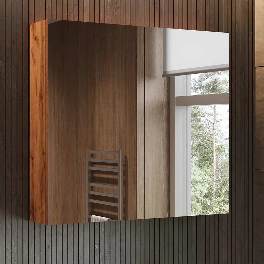 Badspiegelschrank in Eiche, dargestellt im Ambiente mit Dekoration