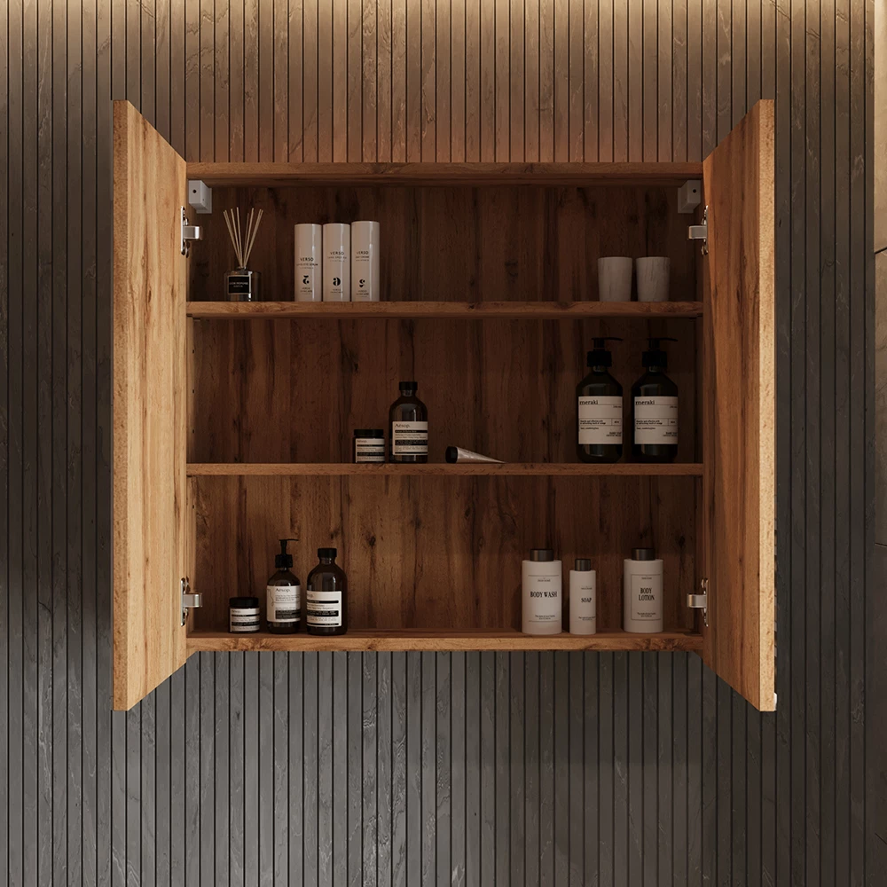 Nahaufnahme von Badspiegelschrank in Eiche, zeigt Textur/Details