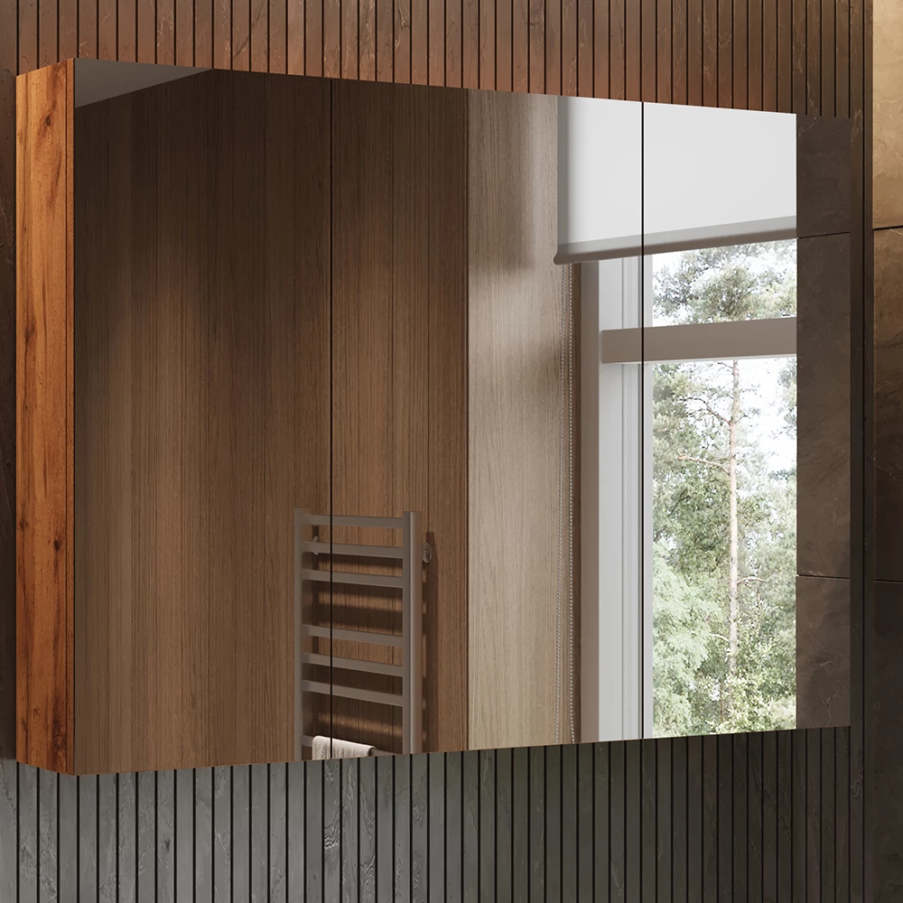 Badspiegelschrank in Eiche, dargestellt im Ambiente mit Dekoration