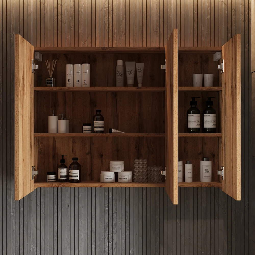 Nahaufnahme von Badspiegelschrank in Eiche, zeigt Textur/Details