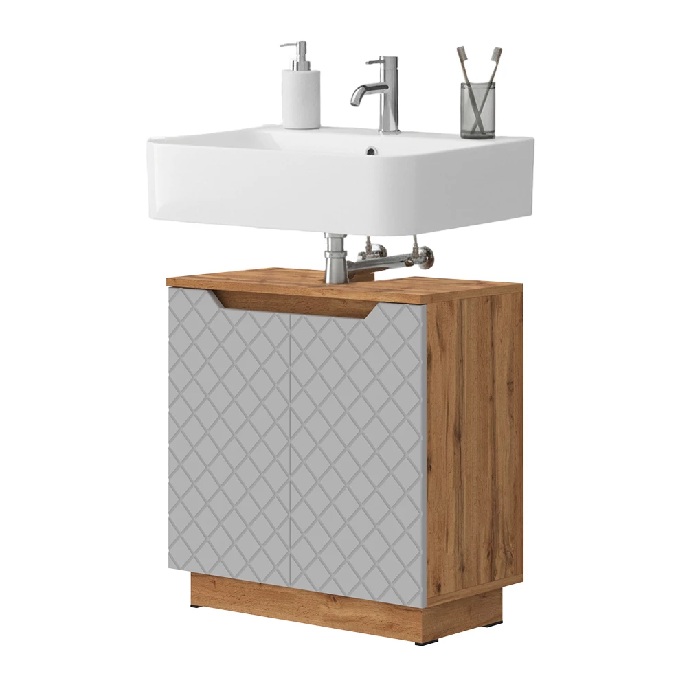 Waschbeckenunterschrank in Grau auf weißem Hintergrund mit dekorativen Elementen