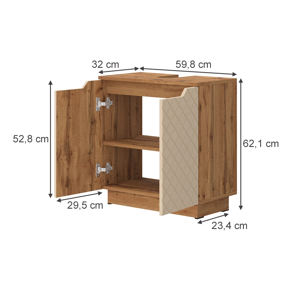 Waschbeckenunterschrank in Cashmere auf weißem Hintergrund mit sichtbaren Maßen