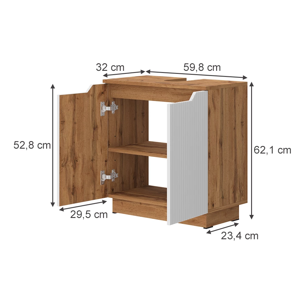 Meuble vasque simple en Blanc sur fond blanc avec dimensions visibles