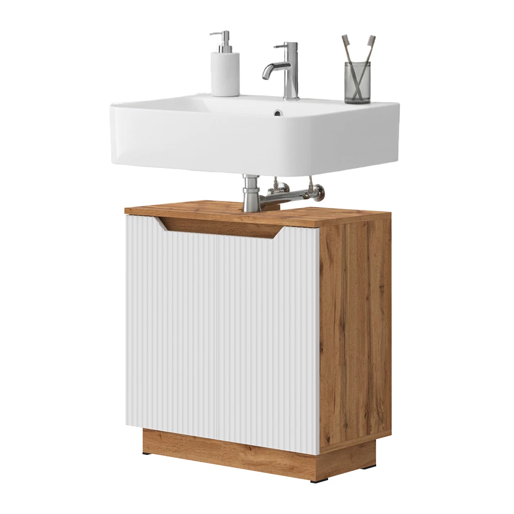 Meuble vasque simple en Blanc sur fond blanc avec des éléments décoratifs