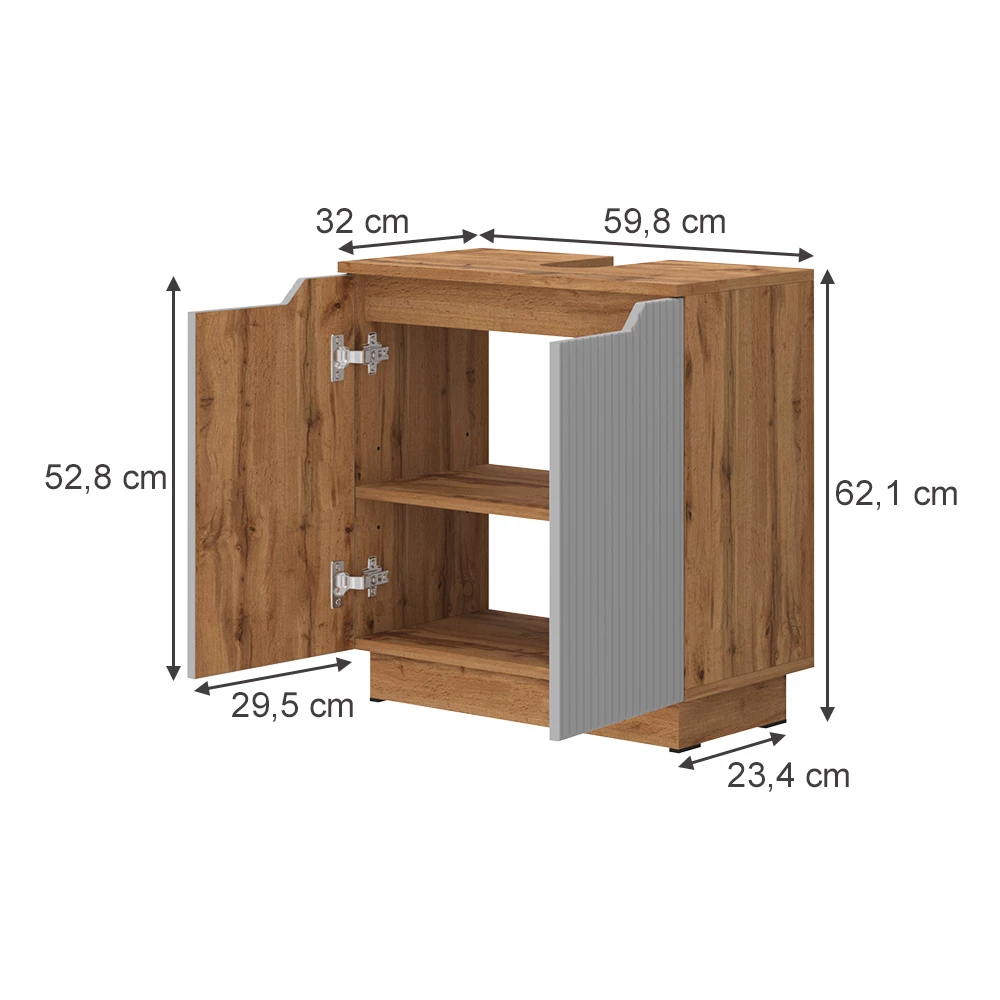 Meuble vasque simple en Gris sur fond blanc avec dimensions visibles