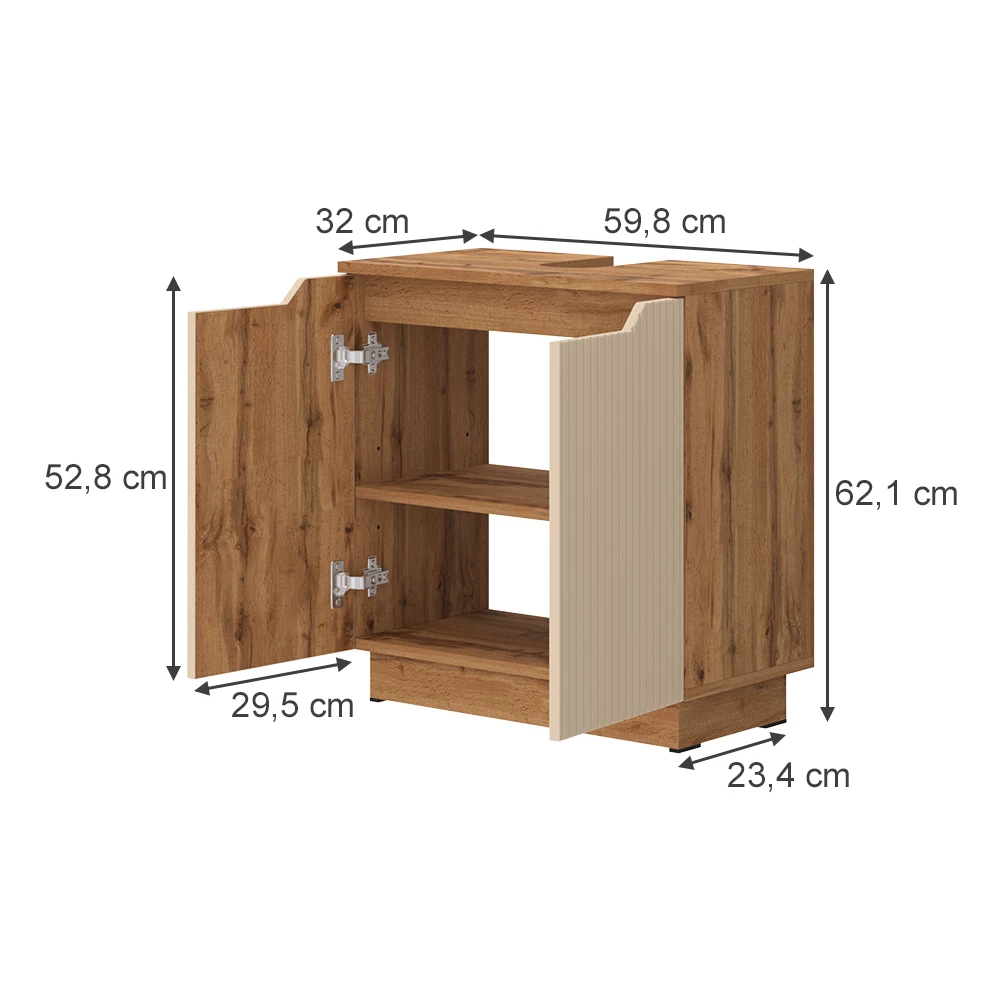 Meuble vasque simple en Cachemire sur fond blanc avec dimensions visibles