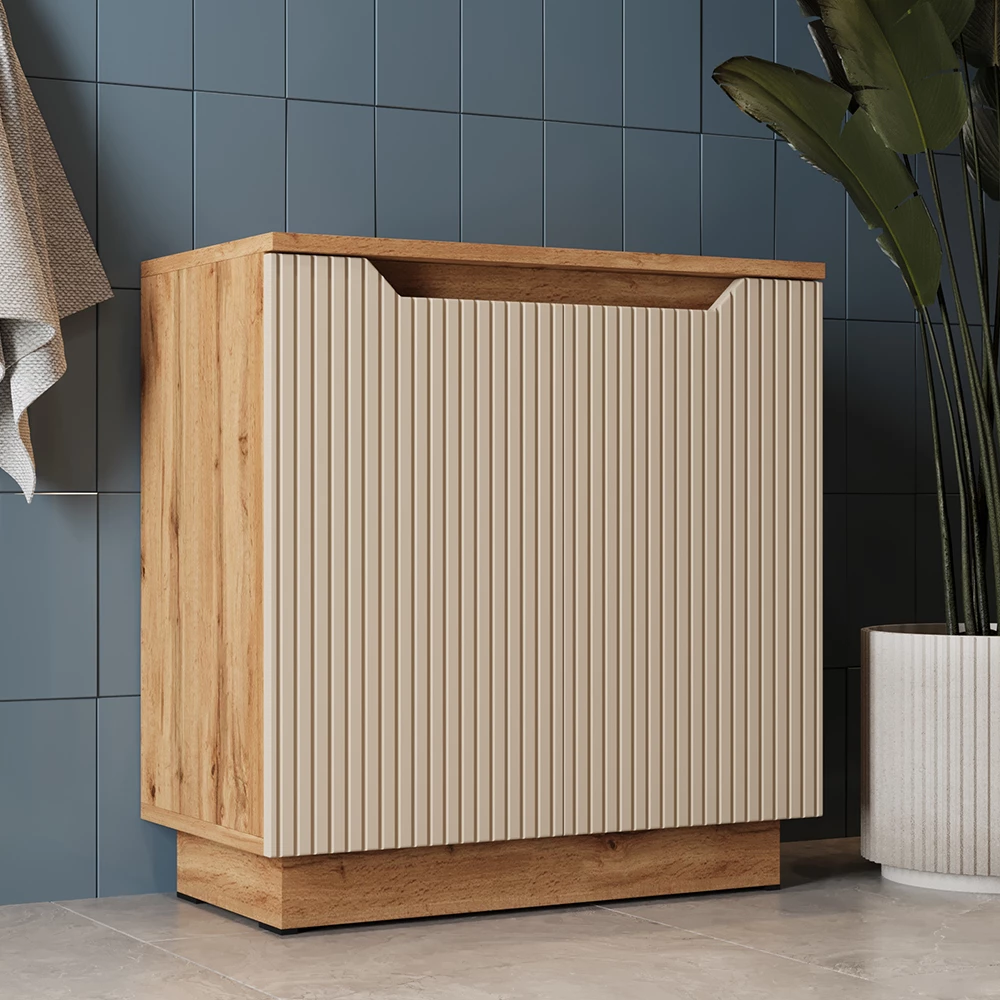 Meuble vasque simple en Cachemire, présenté dans un décor ambiant avec décoration