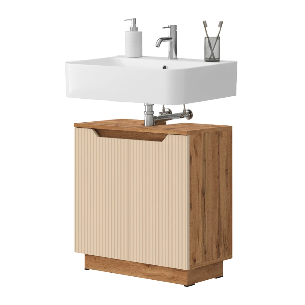 Meuble vasque simple en Cachemire sur fond blanc avec des éléments décoratifs