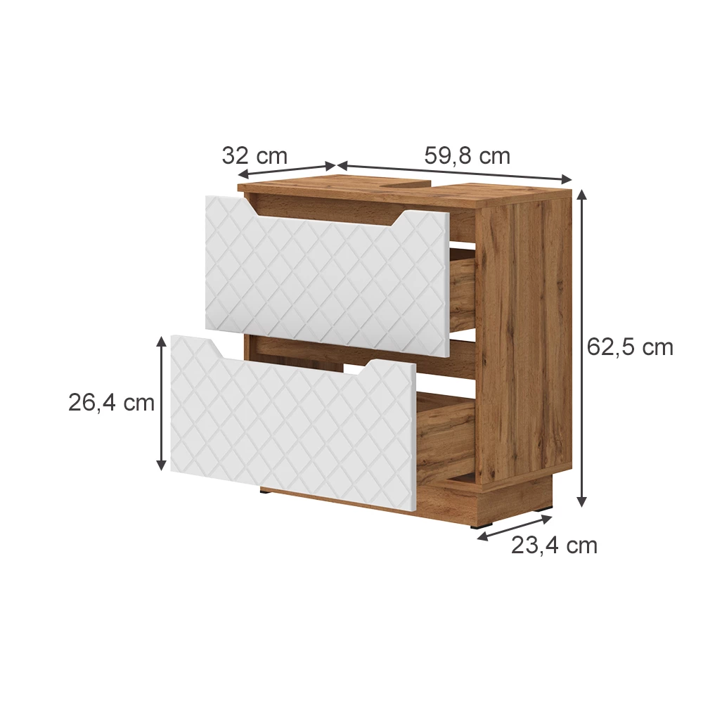 Meuble sous vasque simple en Blanc sur fond blanc avec dimensions visibles