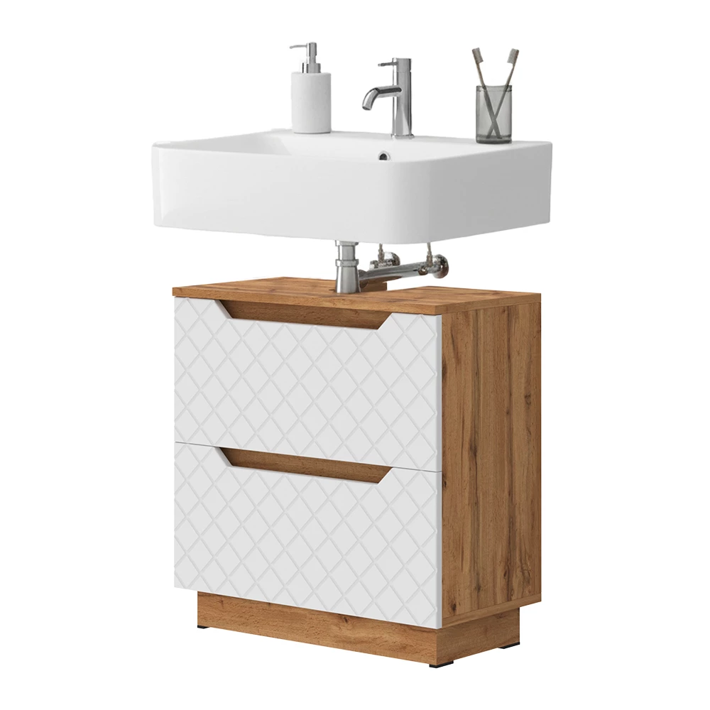 Meuble sous vasque simple en Blanc sur fond blanc avec des éléments décoratifs