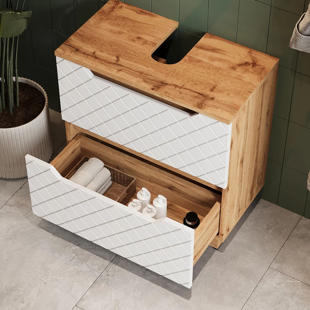 Gros plan de Meuble sous vasque simple en Blanc, montrant le design et les détails de surface