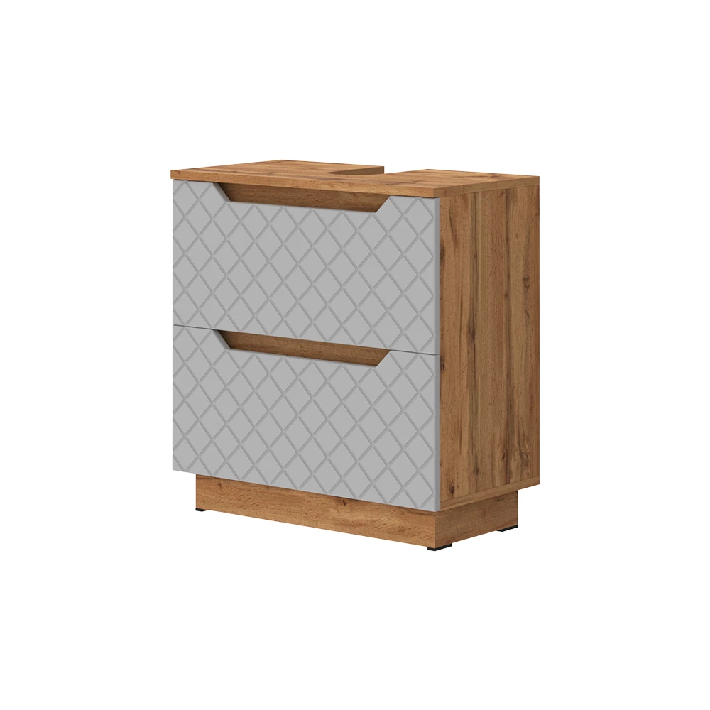 Waschbeckenunterschrank in Grau auf weißem Hintergrund