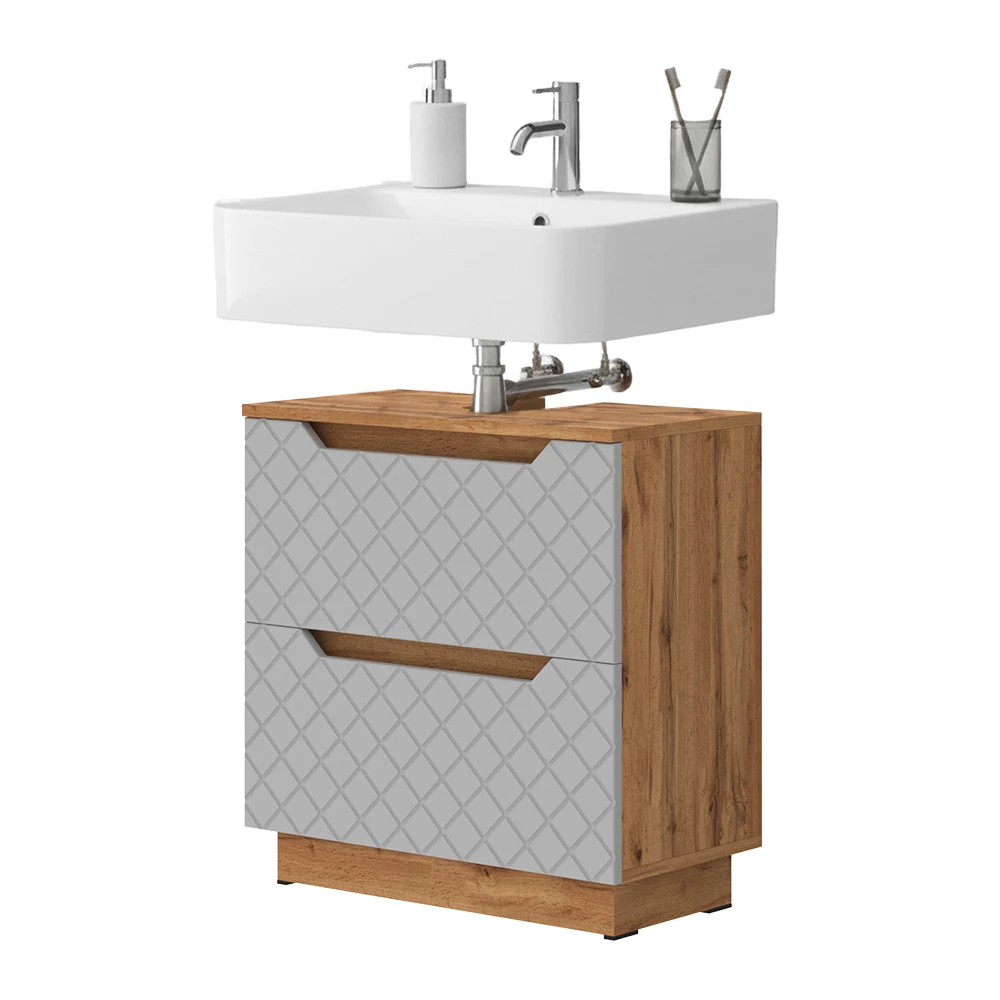 Waschbeckenunterschrank in Grau auf weißem Hintergrund mit dekorativen Elementen