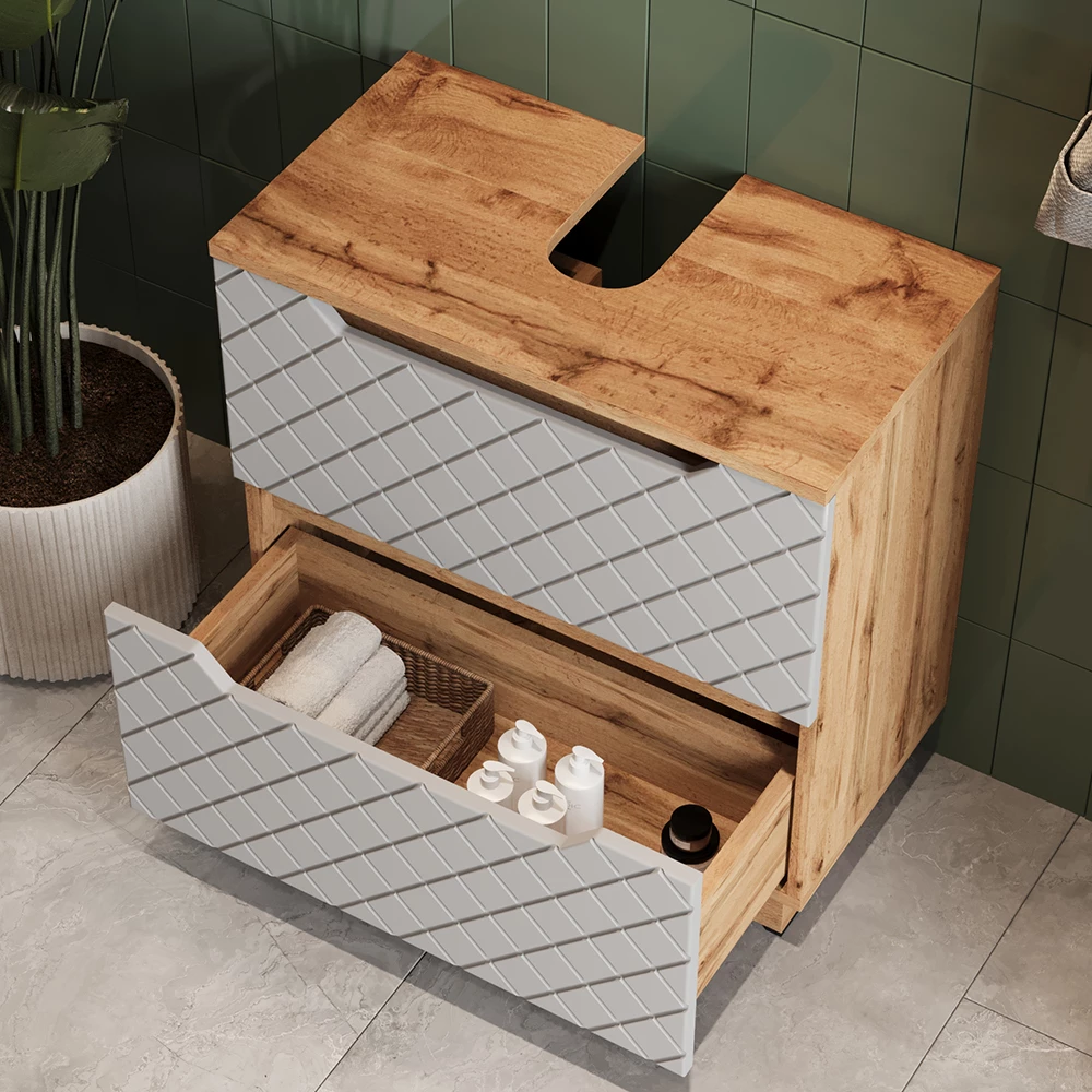 Nahaufnahme von Waschbeckenunterschrank in Grau, zeigt Design- und Oberflächendetails