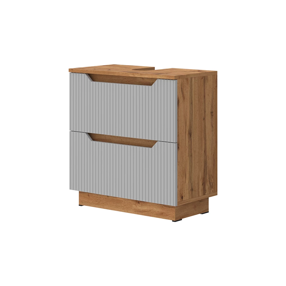 Waschbeckenunterschrank in Grau auf weißem Hintergrund