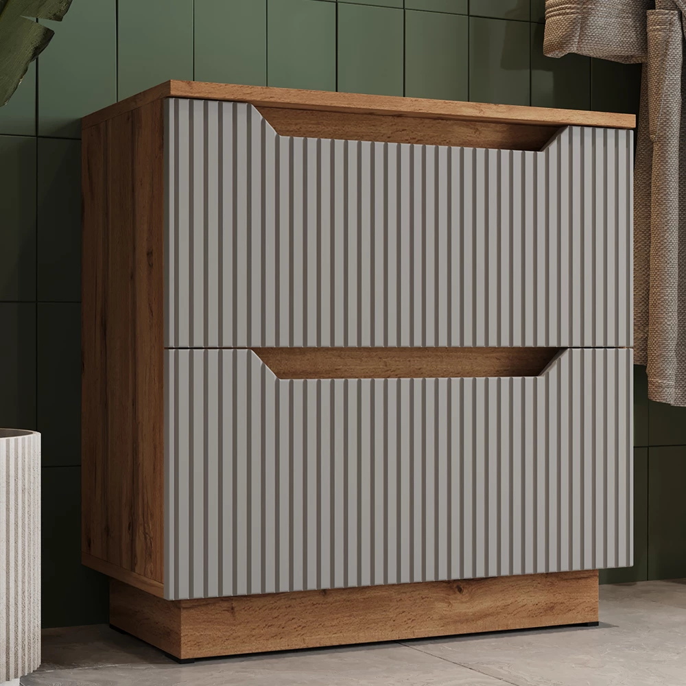 Waschbeckenunterschrank in Grau, dargestellt im Ambiente mit Dekoration