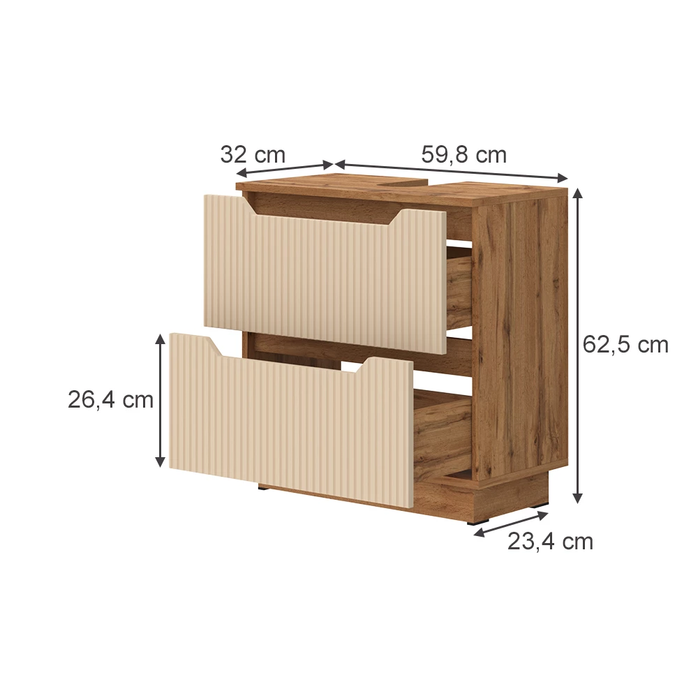 Meuble sous vasque simple en Cachemire sur fond blanc avec dimensions visibles