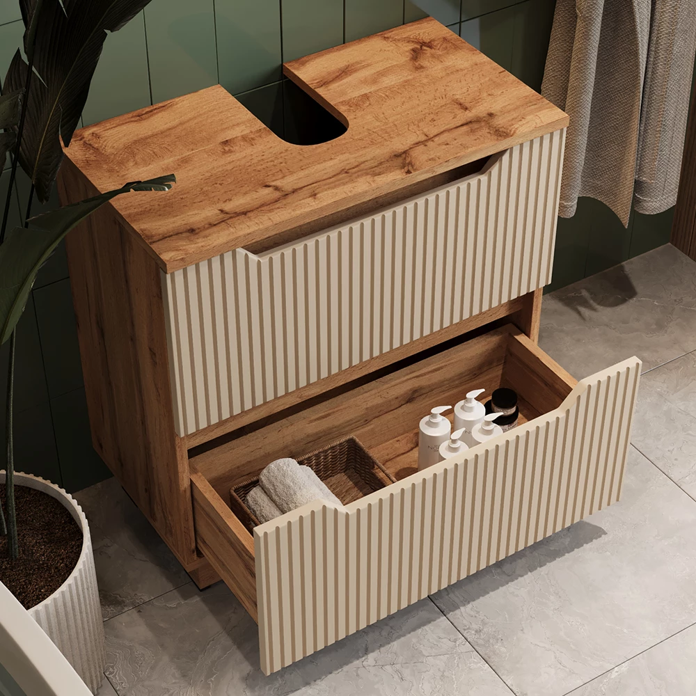 Gros plan de Meuble sous vasque simple en Cachemire, montrant le design et les détails de surface