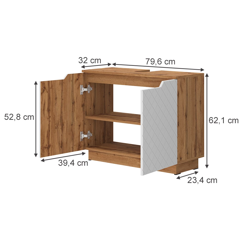Waschbeckenunterschrank in Weiß auf weißem Hintergrund mit sichtbaren Maßen