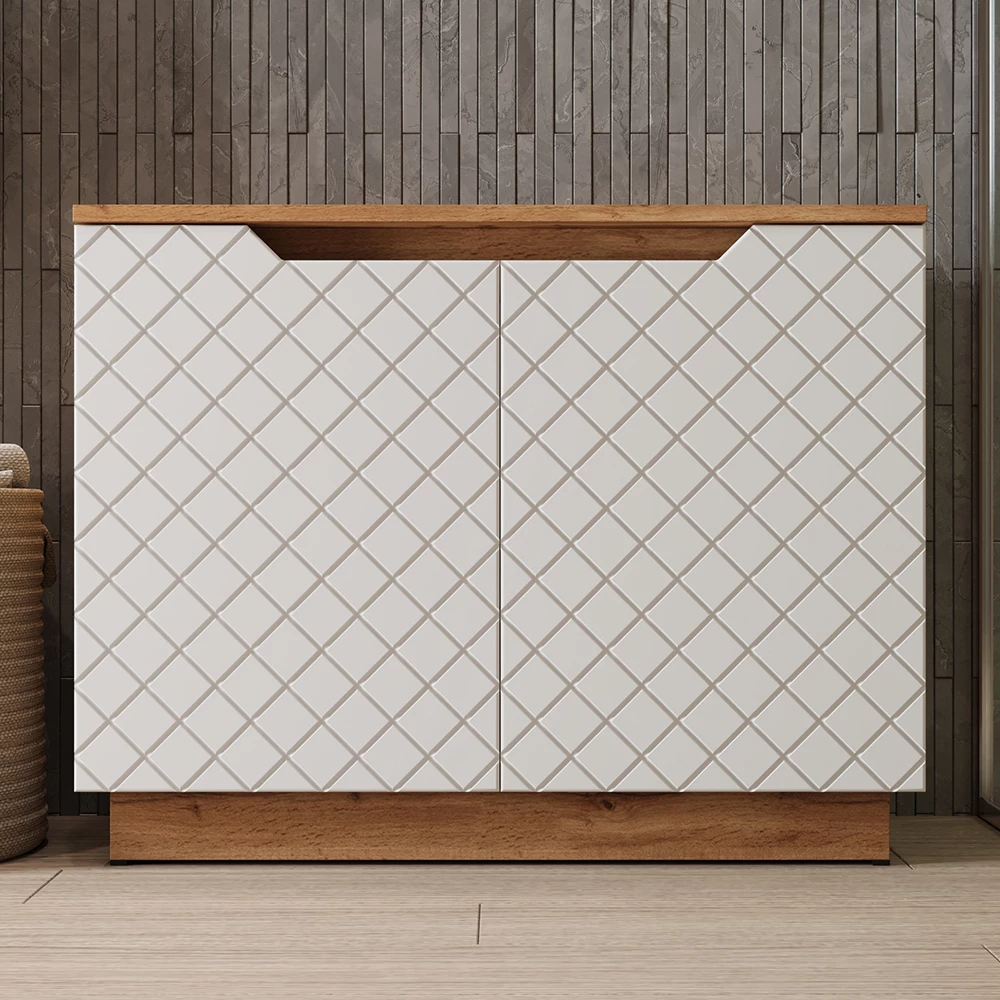 Waschbeckenunterschrank in Weiß, dargestellt im Ambiente mit Dekoration