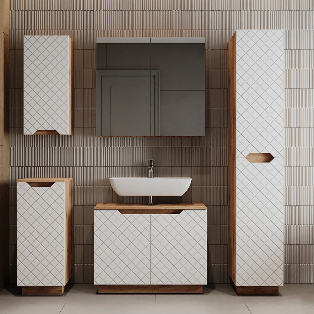 Waschbeckenunterschrank Lotta Eiche/Weiß mit Kachelstruktur 79.6 x 62.1 cm mit 2 Türen Vicco