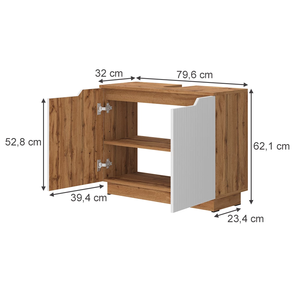 Meuble vasque simple en Blanc sur fond blanc avec dimensions visibles