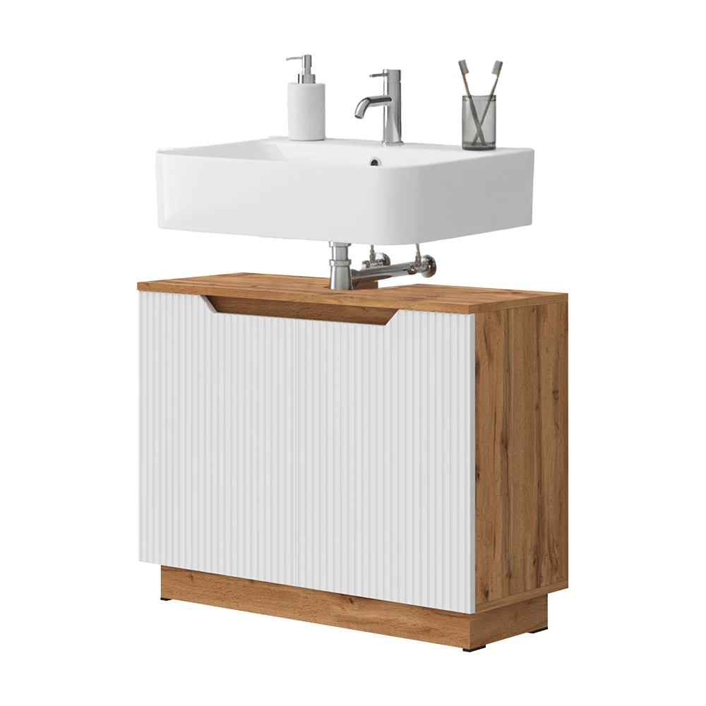 Meuble vasque simple en Blanc sur fond blanc avec des éléments décoratifs