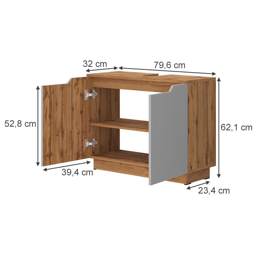 Meuble vasque simple en Gris sur fond blanc avec dimensions visibles