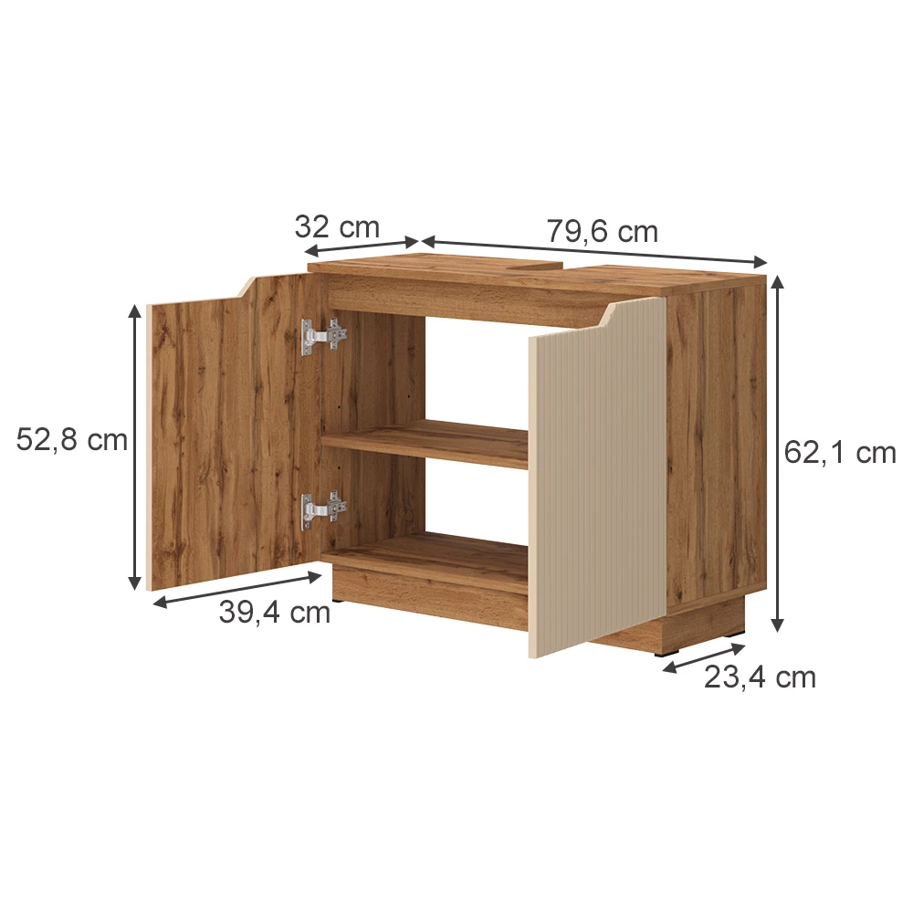Waschbeckenunterschrank in Cashmere auf weißem Hintergrund mit sichtbaren Maßen
