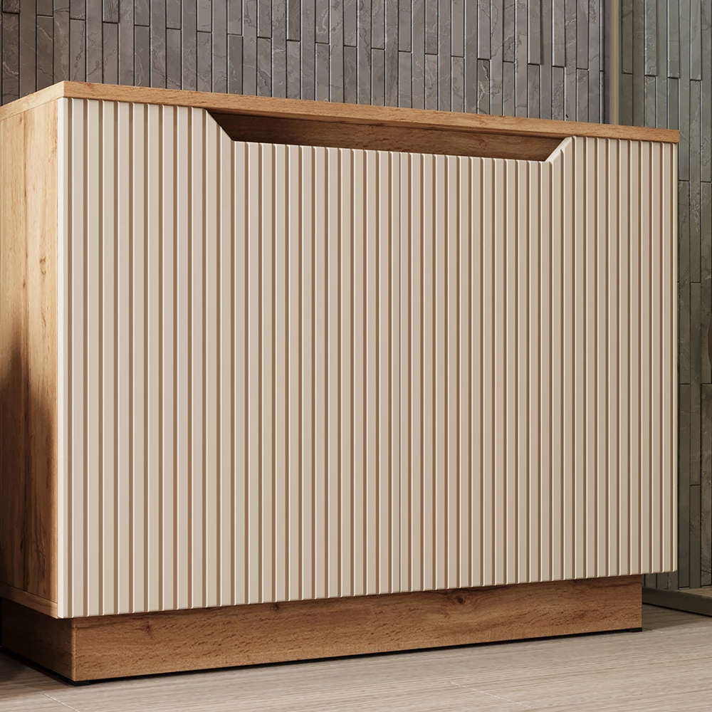 Waschbeckenunterschrank in Cashmere, dargestellt im Ambiente mit Dekoration