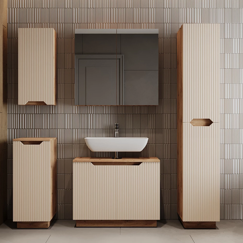 Waschbeckenunterschrank Lotta Eiche/Kaschmir gestreift 79.6 x 62.1 cm mit 2 Türen Vicco